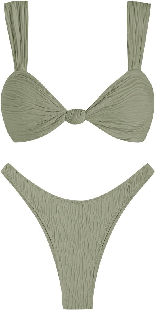 ZAFUL 2025 Cheeky Bikini Sets for Women High Cut Swimsuit Textured Ribbed Bikini Thong Bathing Suit (Medium, Green)