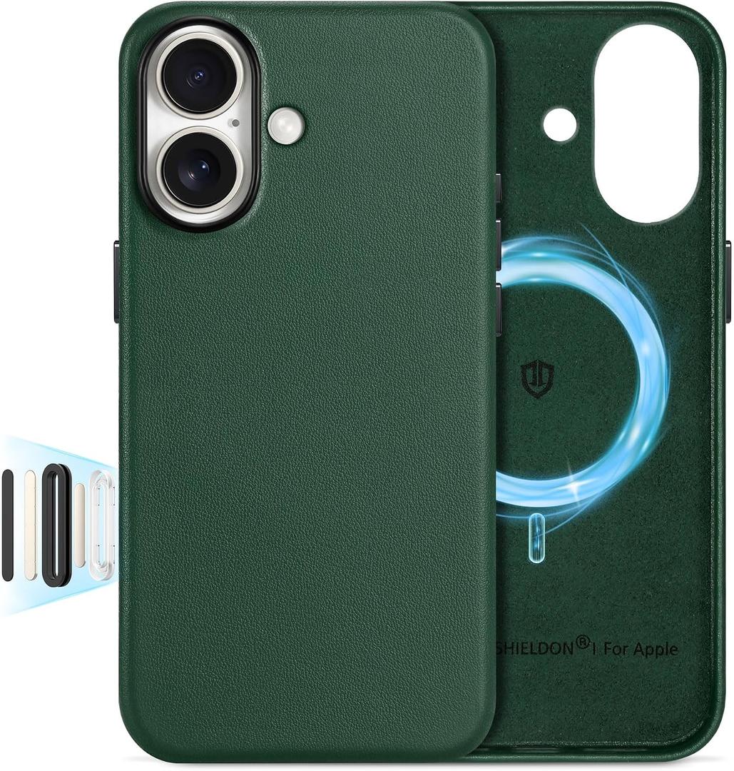 SHIELDON Genuine Leather Case for iPhone 17 6.3" 2025 | Compatible with Magsafe, [Camera Button Updated], Magnetic Wireless Charging, Slim Shockproof Metal Button Protective Phone Cover - Evergreen