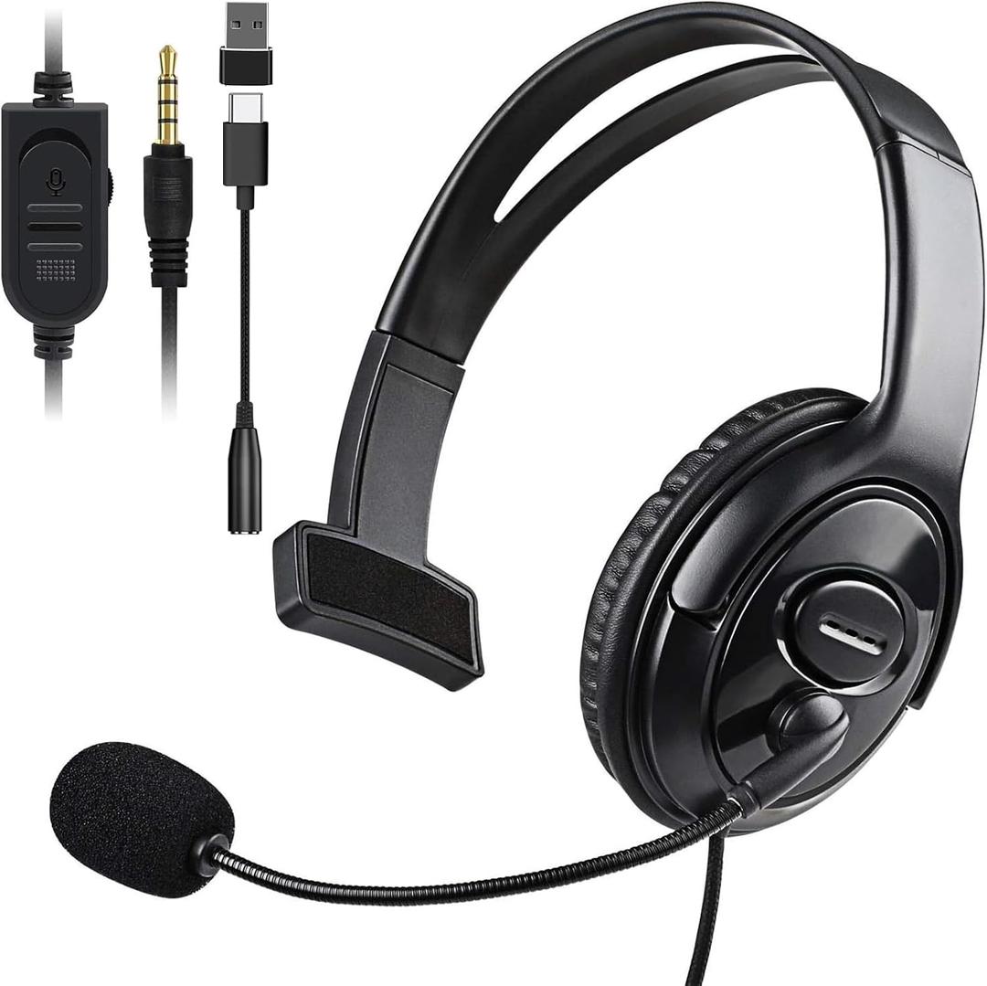 Wired Single Ear Headset with 3.5mm Jack & USB-C & USB-A Adapter for PS5, PS4, Xbox, Switch, PC, iPhone, iPad, Android - Unilateral Mono Headphone for Gaming, Call Center, Remote Work, Online Classes