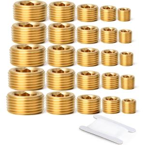 GASHER 25Pcs Brass Pipe Fitting,1/8" 1/4" 3/8" 1/2" 3/4" NPT Brass Internal Hex Thread Socket Pipe Plug Set