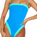 One Piece Swimsuit for Women Tummy Control Square Neck Swimwear Tie Back Bathing Suit (Blue, S)