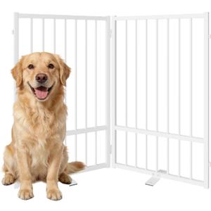 Full Metal Freestanding Dog Gate with Door, 32''Height Foldable Pet Dog Fence for Indoor & Outdoor, 2 Panels Extra Wide Free Standing TallDog Gates for Doorways,House,Stairs,Porch,Deck,Yard (White)