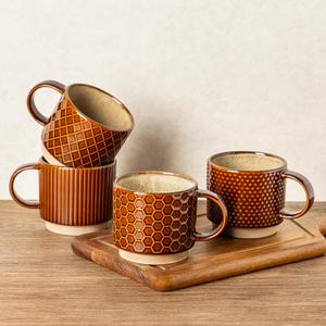 GBhome 12 OZ Stackable Coffee Mugs, Ceramic Coffee Cups with Texture Patterns for Man,Woman,Dad,Mom, Modern Mugs Set of 4 for Latte/Cappuccino/Cocoa. Dishwasher&Microwave Safe (Caramel)