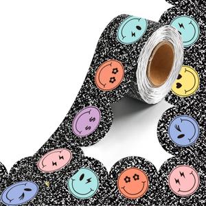 4 x 50ft Composition Bulletin Board Borders, Happy Face Scalloped Rolled Border Trim Wavy Line Board Borders Trim for Classroom, Home, Office & Back-to-School DIY Wall Decor, Black and White