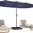 15ft Patio Umbrella with Base,Large Outdoor Double-Sided Rectangle Umbrella with Crank Handle, Market Umbrella for Poolside Garden Deck Backyard Beach Pools, Blue