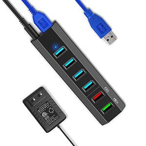 USB Hub, Aiibe 6 Ports Super High Speed USB 3.0 Hub Splitter + 24W Power Adapter + USB 3.0 Cable, Black Smart Fast Charger Powered USB Hub for Laptop, Mac, PC, Mobile HDD, Mulitple Devices