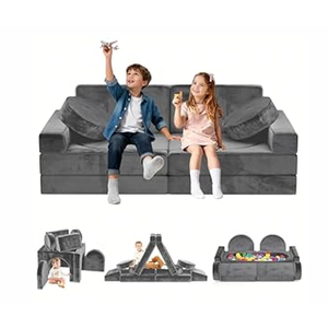 JWPEHOE 12pcs Modular Kids Play Couch - CPC Certified Convertible Toddler Sectional Sofa, Washable Durable Foam Floor Cushion for Kids Playroom (Play Fort/ Castle), Grey