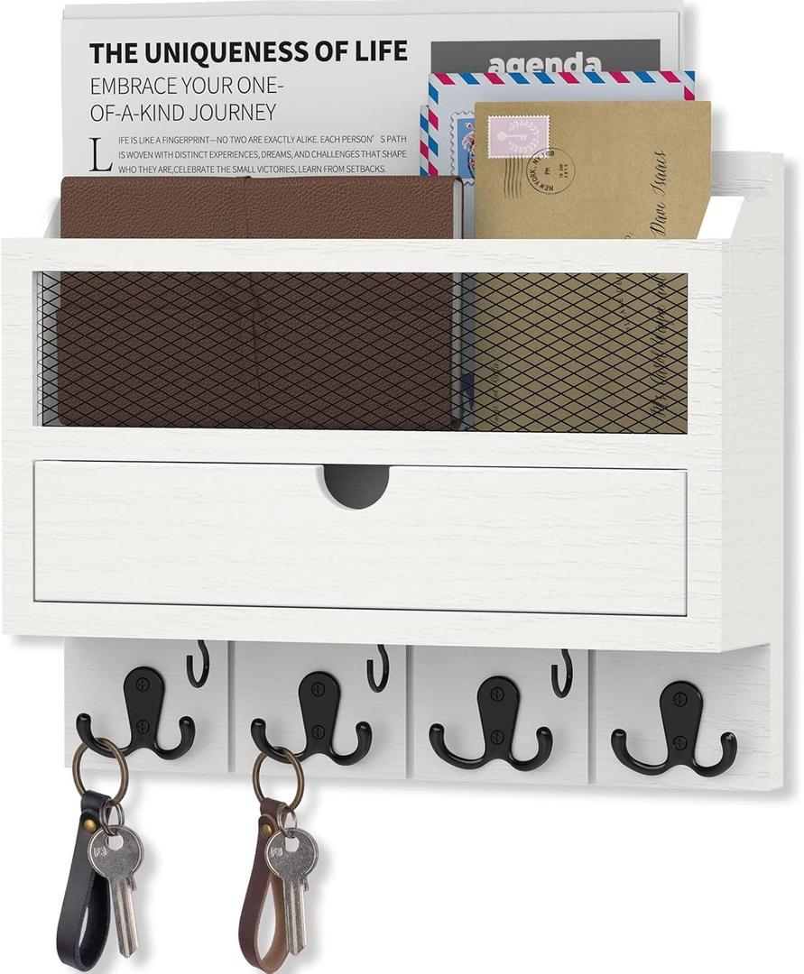 Nekon Mail Organizer with Drawer for Wall, 12"W x 10"H x 3.1"D Mail Sorter Wall Mounted, Wooden Key Holder Wall File Organizer Letter Sorter for Letter Magazines (White)