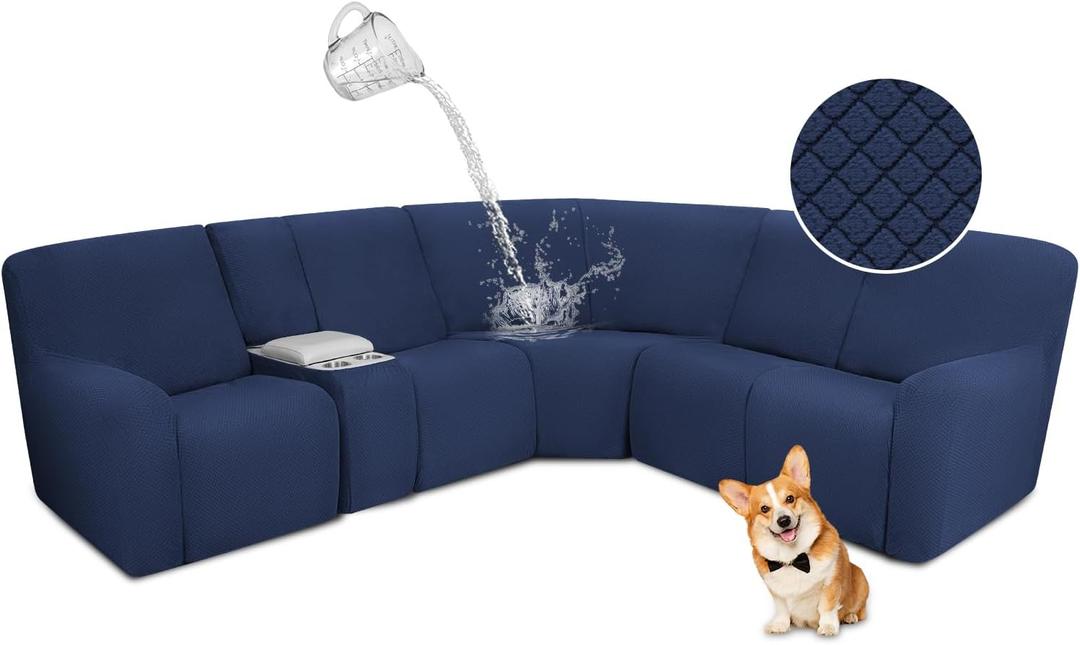 ALIECOM Waterproof Reclining Sectional Couch Covers for Reclining Sectional Stretch L Shaped Recliner Sofa Cover Washable Pet Dog Corner Sofa Slipcovers Protector (5 Seat and 1 Console, Navy Blue)