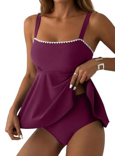 Aleumdr Women's Tankini Bathing Suit 2 Piece Tummy Control Swimsuit High Waisted Slimming Tankini Top with Bottom Violet XX-Large