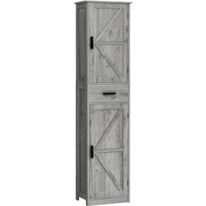 TEENFON Tall Bathroom Cabinet, Storage Cabinet with 6 Shelves & Drawer, Bathroom Storage Cabinet with Adjustable Shelves, Tall Cabinet for Living Room, Home Office, Grey, 11.8"D x 15.8"W x 67"H