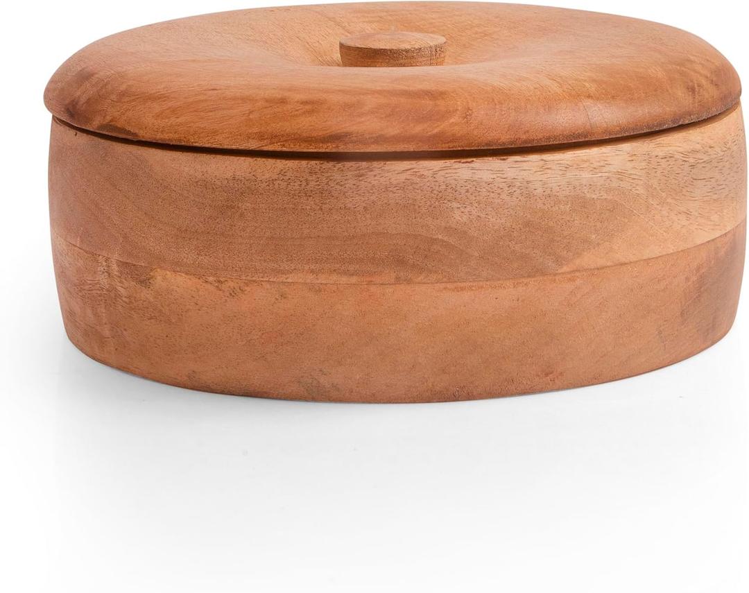 Handcrafted Wooden Mexican Tortilla Warmer Basket Indian Chapati Roti Bread Holder Box Pancake Keeper Serveware Hot Pot Casserole Dish With Lid Home Kitchen Dining Decor, Natural Brown, 9 x 3 Inches