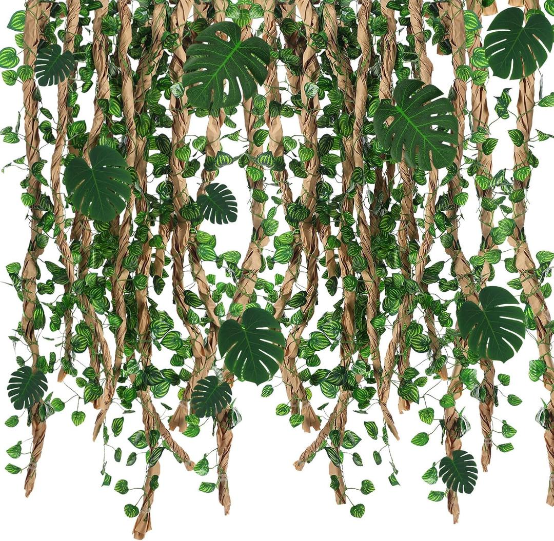 1 Set Jungle Theme Party Decoration Vine for Room Decor Safari Rainforest Leaf with 98 ft Kraft Paper Artificial Ivy Greenery Garland Fake Tropical Palm Leaf Garden Indoor Classroom (Classic)