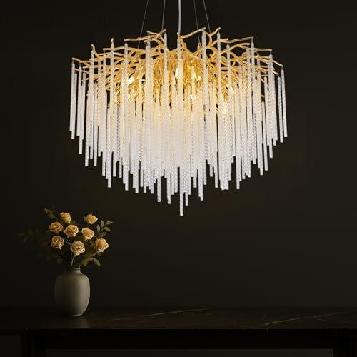 GREMLBUK Modern Crystal Chandelier Gold Tree Branch Chandeliers Dining Room Chandeliers Over Table Luxury Round Chandelier for Living Room Bedroom, 24inch 8-Lights