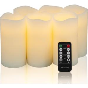 H-BLOSSOM Flameless Candles Battery Operated Real Wax Pillar LED Candles with 10 Key Remote Control Cycling 24 Hours Timer Set of 6 (3" x 6" Remote)