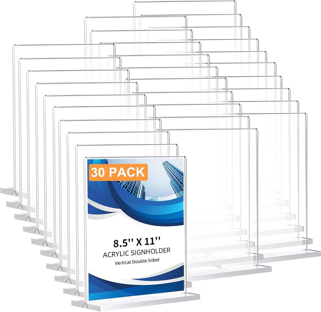 30 Pack Acrylic Sign Holder 8.5 x 11, Double-Sided Clear Sign Holder Plastic Stands for Display, T Shape Acrylic Table Sign Stands for Office Store Restaurants Wedding Party Decoration
