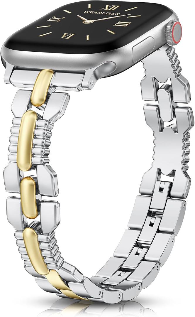 Wearlizer Slim Metal Band Compatible with Apple Watch Bands Women, Thin Dressy Stainless Steel Strap Designer Bracelet for iWatch  Silver/Gold, 38/40/41/42mm(Series 11 10)