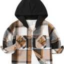 YOUNGER STAR Toddler Kids Boys Girls Flannel Hooded Plaid Shirt Button Baby Red Clothes (2-3T, Khaki Hooded Coat)