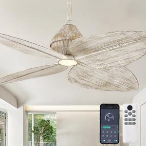 52“ Leaf Ceiling Fans with Lights, (Rustic White Gold) | 3-color Dimmable LED, 4 Palm Leaf Blades, 6 Speeds, DC Reversible Motor, Coastal Tropical Style for Indoor or Outdoor