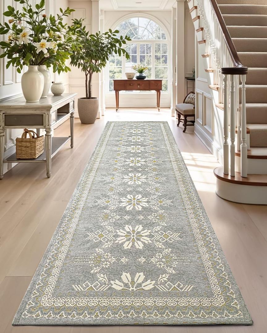 DEXI Hallway Thin Runner Rug, 2'2"x7' Washable Vintage Entry Non Slip Long Rugs, Traditional Floral Low Pile Indoor Carpet, Runners Mat for Entrance Kitchen Hallway Larundry Bedroom, Grey