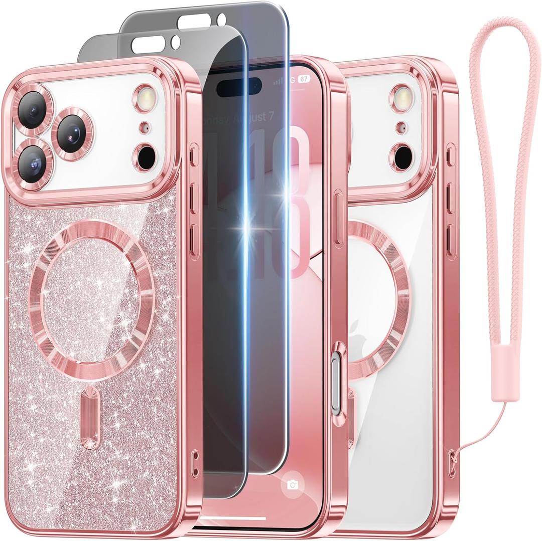 Meifigno Designed for iPhone 17 Pro Case with 2X Privacy Screen Protectors 6.3", [Glitter Card & Wrist Strap] [Compatible with MagSafe] Surround Lens Protection for 17 Pro Phone Case Women, Rose Gold