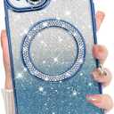 Bonoma Compatible with iPhone 15 Case Support for MagSafe, Plating Diamond Glitter Magnetic 2* Screen Protector Camera Protection Back Cover for Girls Women -Blue