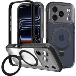 for iPhone 17 Pro Max Case with Magnetic Invisible Stand [Compatible with MagSafe] Military Drop Protection Shockproof Slim Translucent Skin-Touch Case Cover Black