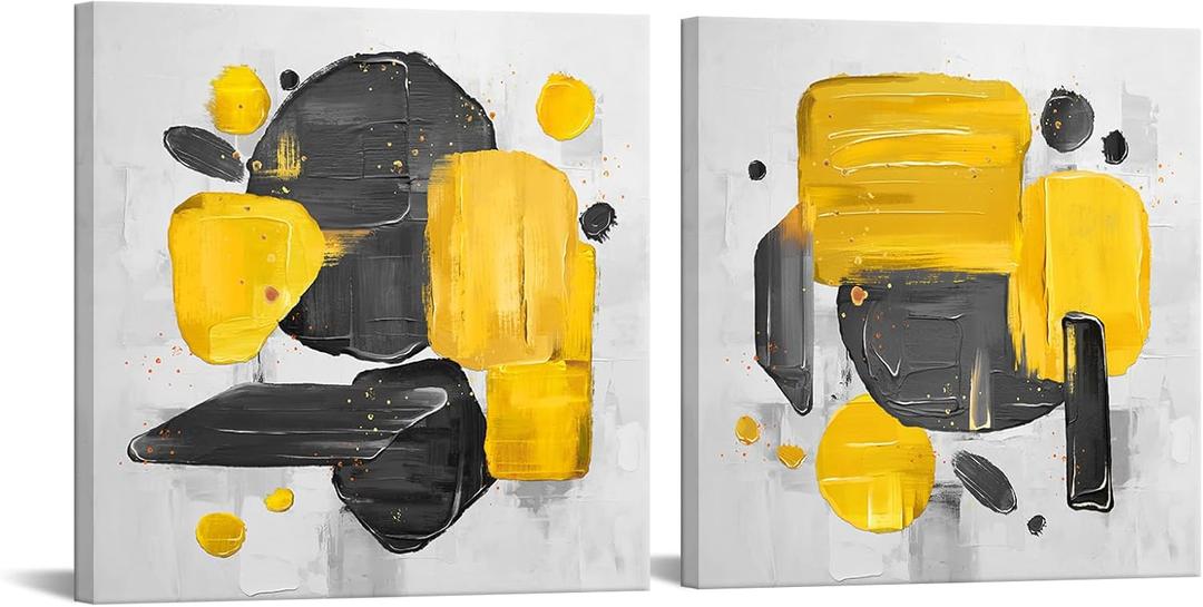 Zlove Yellow and Grey Bathroom Decor, Abstract Wall Art for Living Room - Modern Canvas Wall Art for Bedroom,12"x12", 2Pcs