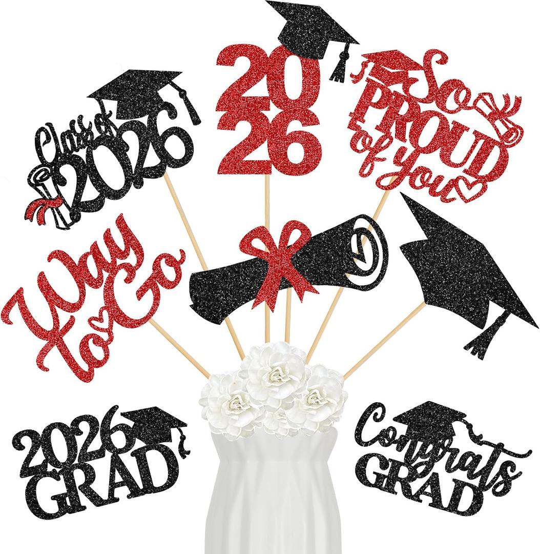 2 x LeeSky 24Pcs 2026 Graduation Centerpieces Sticks Red and Black, Class of 2026 Graduation Party Centerpieces Sticks for Tables 2026 Red and Black 2026 Graduation Table Centerpieces Decorations