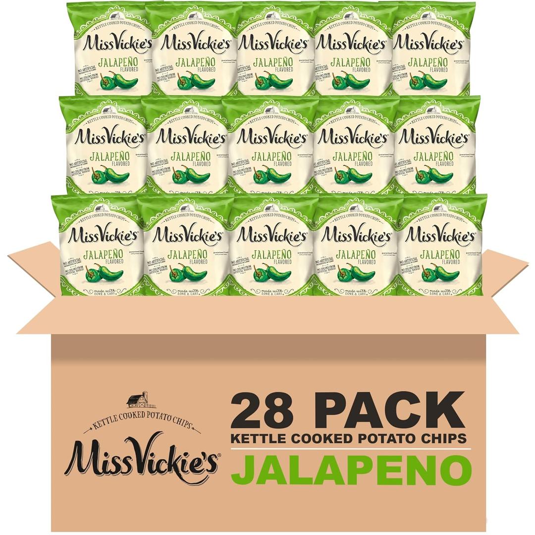 Miss Vickie's Kettle Cooked Potato Chips, Jalapeno, 1.375 Ounce (Pack of 28) (EXP 07/28/26)
