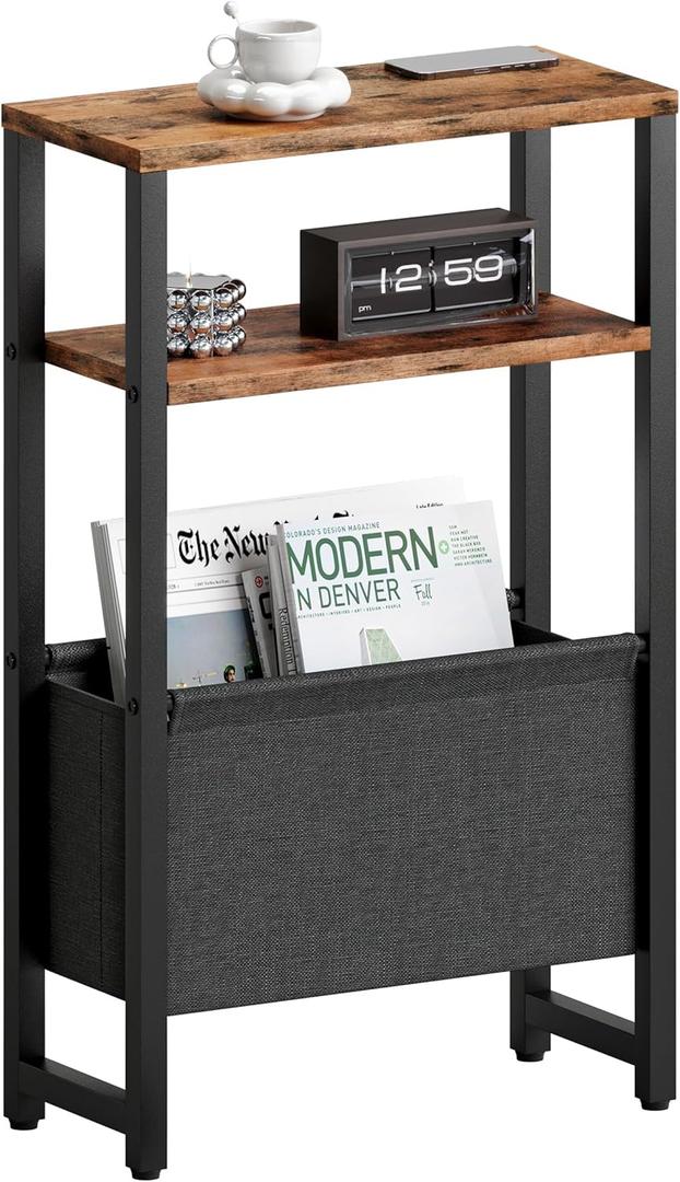 Narrow Side Table with Charging Station Slim End Table Sofa with Magazine Rack, Bedside Table for Small Spaces, 3 Tier Nightstand for Living Room Couch, Bedroom Rustic Brown LET503RE