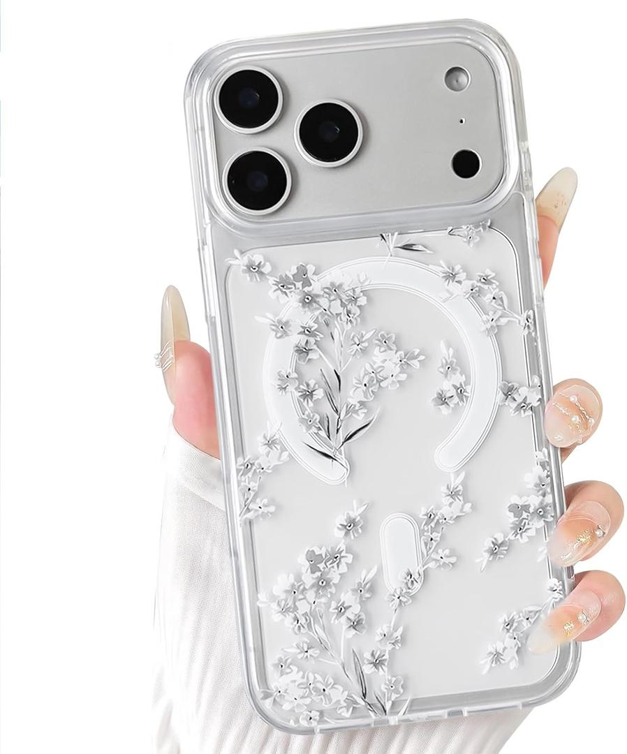 NITITOP Compatible for iPhone 17 Pro Max Case Cute Clear Magnetic Compatible with MagSafe Cute Flowers Floral Leaves for Women Girls Hard PC Back Shockproof Protective Phone Cover - White