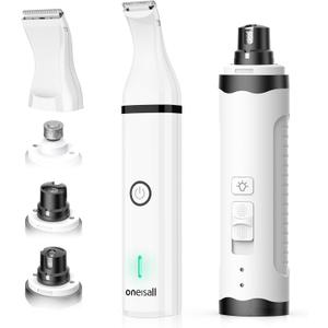 Oneisall Dog Nail Grinder and Paw Trimmer Kit 3 in 1 Quiet Rechargeable Electric Pet Nail Grinder with 2 LED Lights and Cordless Dog Grooming Safe Clippers