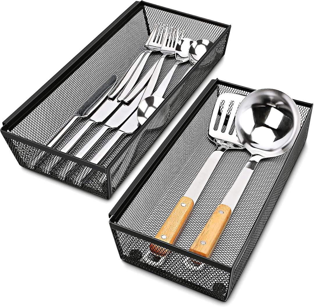 Smgmg Silverware Drawer Organizer, Silverware Organizer for Drawer, 2 Pack 14.7" X 6.1" X 2" Utensil Organizer for Kitchen Drawers, Kitchen Drawer Organizer for Large Utensils with Interlocking Arm (Black)