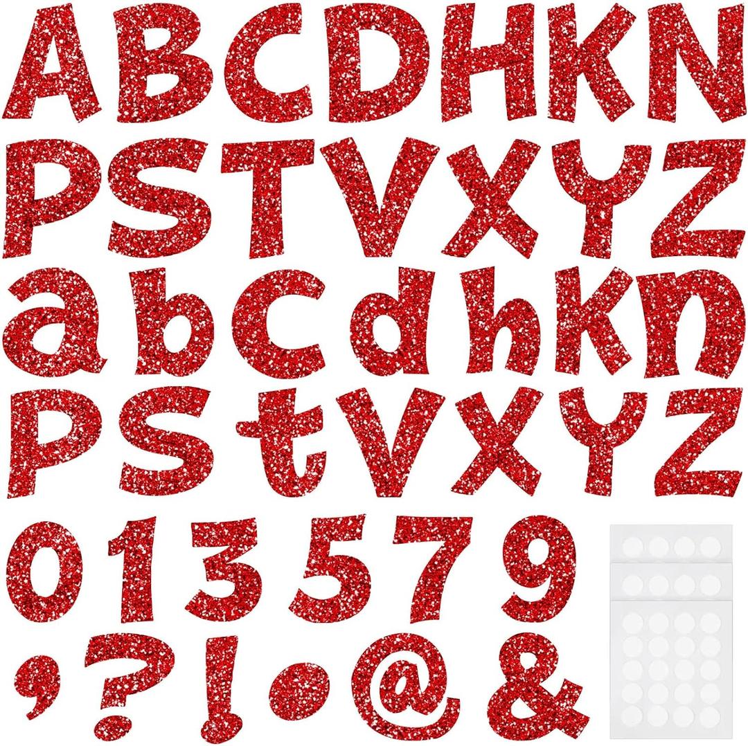 Colarr 216 Pcs Glitter Bulletin Board Letters for Classroom Numbers Alphabet 4 Inch Poster Board Letters with Adhesive Dots Punctuation Symbols Cutout Bulletin Display School Decor(Red)