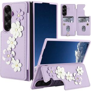 Wallet Case Compatible with Samsung Galaxy Z Fold7, Magnetic Snap Flip Leather Cover with Flower Design Credit Card Holder Stand WristbandZ Fold 7 2025 Protective Phone Case for Women