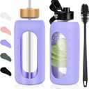 FULBEVY Glass Water Bottles 64 oz - Half Gallon Large Motivational Daily Water Intake Bottle Time Marker - Glass Water Bottle With Straw, Silicone Sleeve 2 Lids, Handle Spout & Bamboo Lid(Purple)