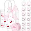 Sweetude 12 Pcs Bow Clear PVC Gift Bags with Handle Ribbon Coquette Bowknot Party Favor Bags with Ribbon for Wedding, Bridal Party, Baby Shower, Valentine, Birthday(Cherry Bow)