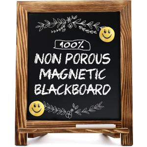 LotFancy 15"x12" Magnetic Chalk Board Sign, Small Wood Framed Tabletop Black Easel Chalkboard, Foldable Standing Ledge,1 White Chalk Pen 2 Magnets and Wall Hanging Kits Included, Rustic Brown