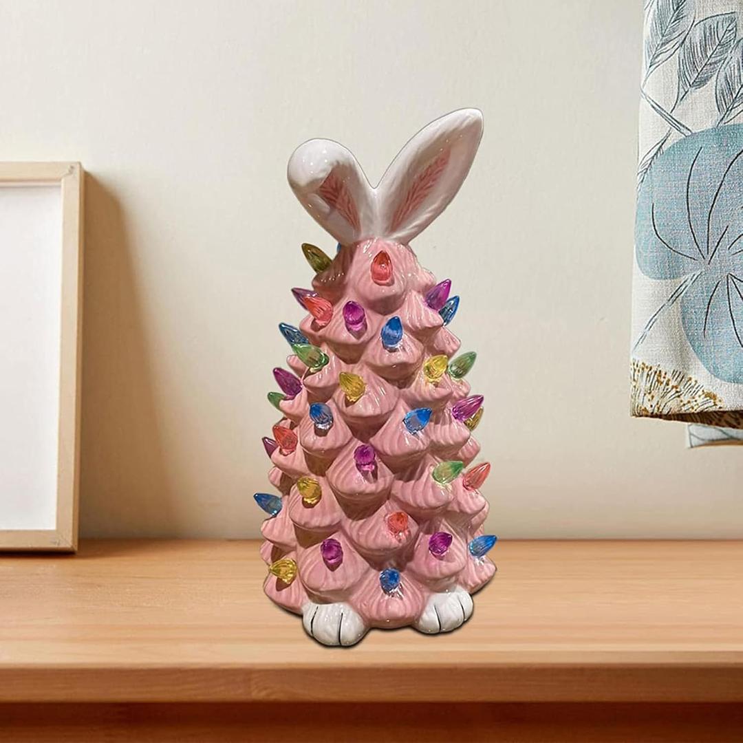 2026 Newly Lighted Easter Bunny Resin Tabletop Tree 6 Inches Pre-Lit Rabbit Figurines with Colorful Lamp Beads and Bunny Ear Top Spring Easter Holiday Decor Gifts (Pink)