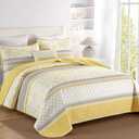 DJY Striped Quilt Set Queen Size, Yellow Grey Boho Striped Patchwork Leaves Printed Bedspread Coverlet Set 3 Pieces Soft Lightweight Microfiber Quilted Bedding Set for All Season (96"x90")