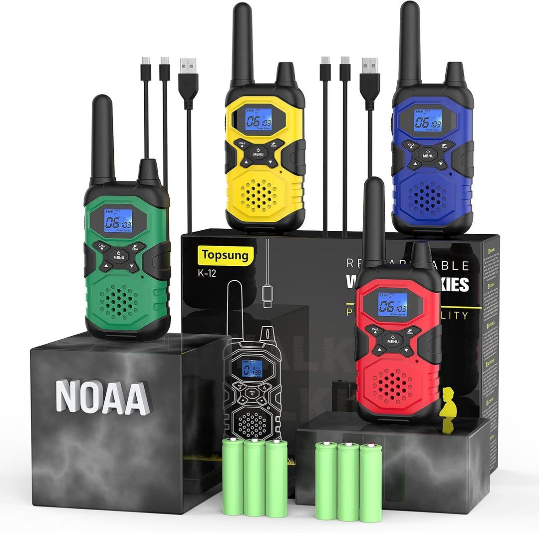 Walkie Talkies for Adults Rechargeable Long Range 4 Pack, Family 2 Way Radio NOAA Walkie-Talkies with USB Cable 4500mAh Battery Lanyard for Farm Warehouse Working Camping Hiking Skiing Cruise (Blue Green Red Yellow)