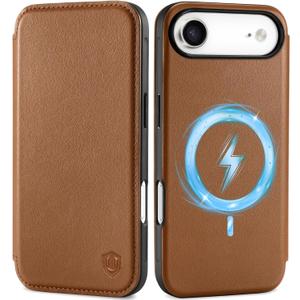 SHIELDON Slim Genuine Leather Case Wallet for iPhone Air 6.5" 2025 | Wireless Charging, Flip Magnetic, RFID Blocking Credit Card Holder, Full Protective Phone Holder Cover - Saddle Brown
