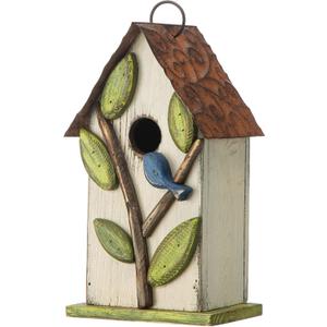 Glitzhome 9.7" H Hanging Birdhouse for Outdoor Patio Garden Decorative Pet Cottage Wooden Distressed Birdhouse, Leaves Rustic White