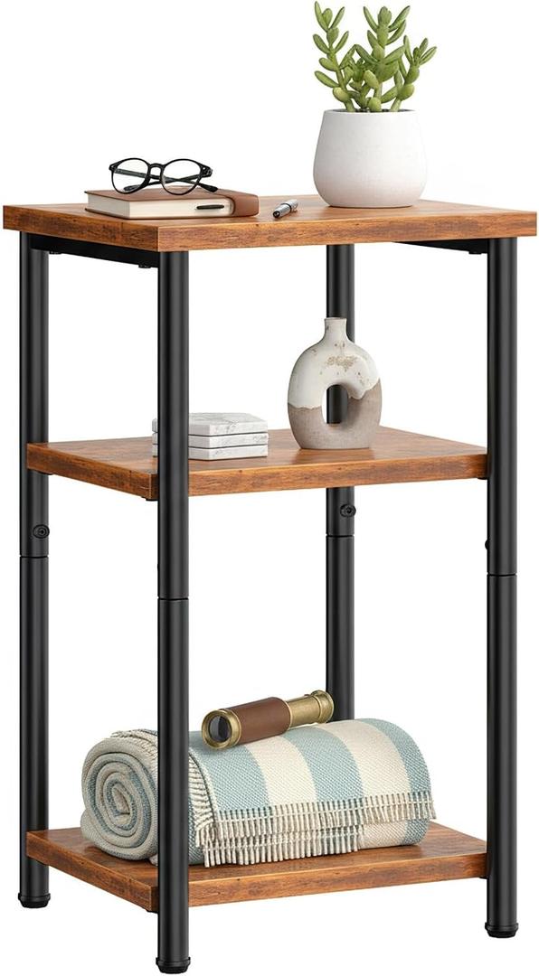DUMOS End Table, Small Side Table, Bedside Nightstand for Small Spaces
3-Tier Open Storage Shelves with Metal Frame Industrial Accent Stand, Bedroom, Rustic Brown