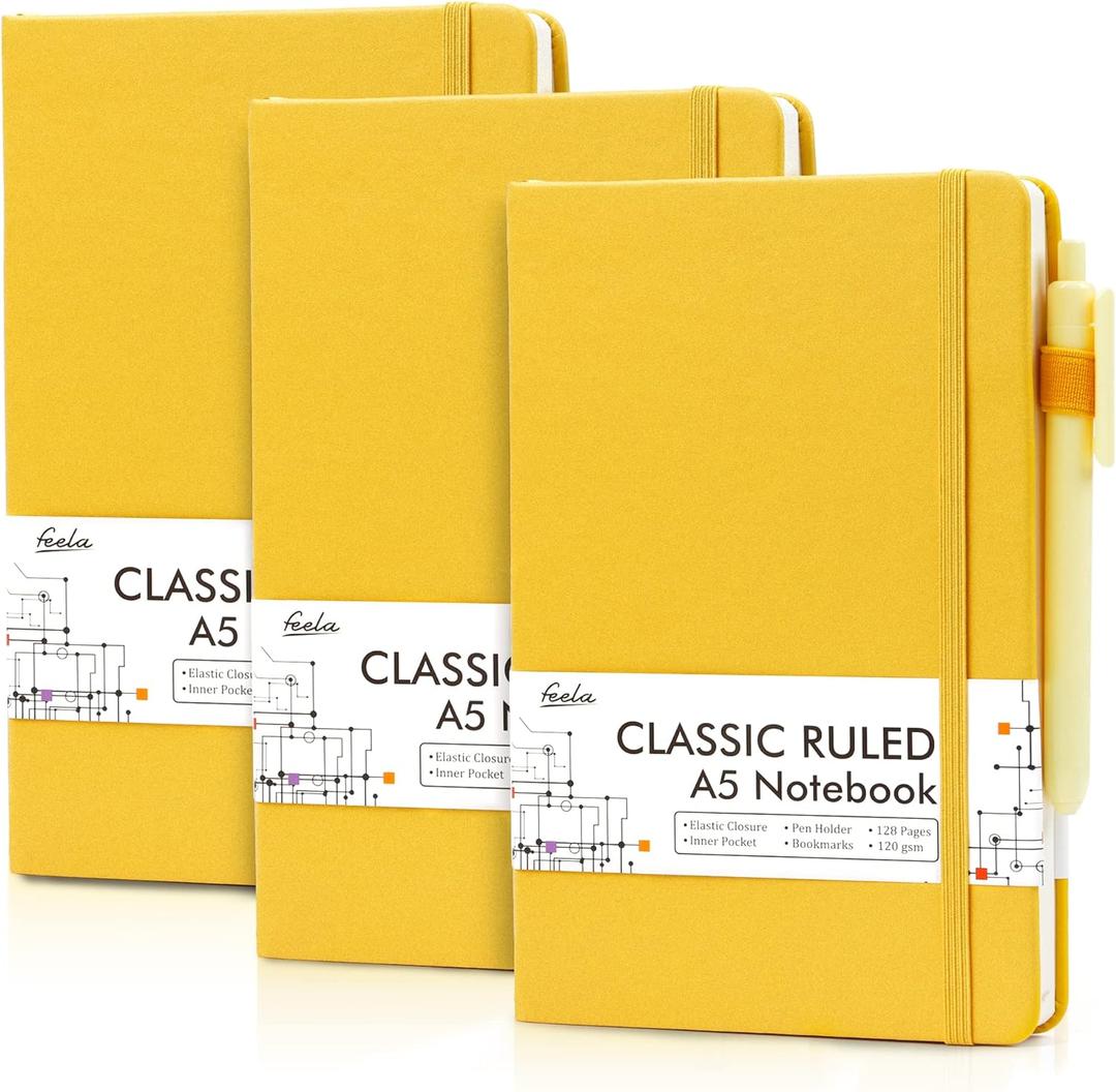 feela 3 Pack Notebooks Journals Bulk with 3 Black Pens, A5 Hardcover Notebook Classic Ruled Lined Journal Set with Pen Holder for Work Business Journaling Note Taking, 120 GSM, 5.1x8.3, Yellow (3 Pack yellow)