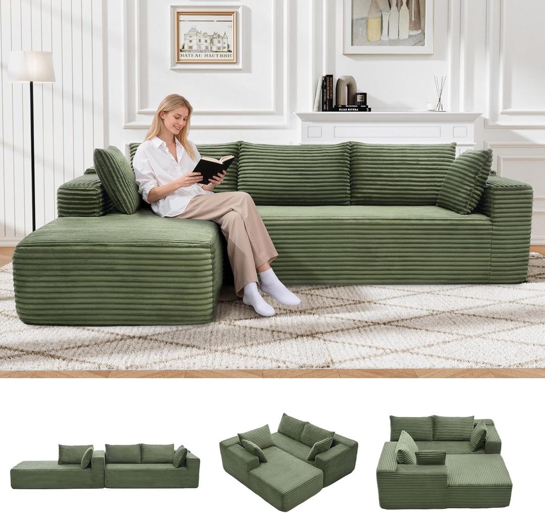 105" Cloud Sectional Couch with L-Shape Chaise,Modern Modular Sofa with Deep Seat, Fluffy Boneless Couches for Living Room Bedroom,No Assembly Required, Green (Plush Flannel Fabric)
