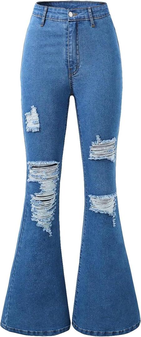 SHENHE Girl's Ripped Bell Bottom Zipper Jeans Distressed Flare Denim Pants (Blue), 8-9Y