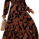 Fall Wedding Guest Cocktail Brown Floral Boho Maxi Dress for Women (Brown, XL)