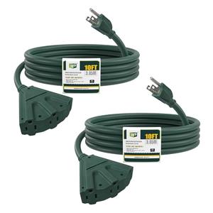 EP 1 Pack 10 Ft Outdoor Extension Cord with 3 Electrical Power Outlets - 16/3 SJTW Green Cable with 3 Prong Grounded Plug for Safety Great for Christmas Lights, Garden and Major Appliances